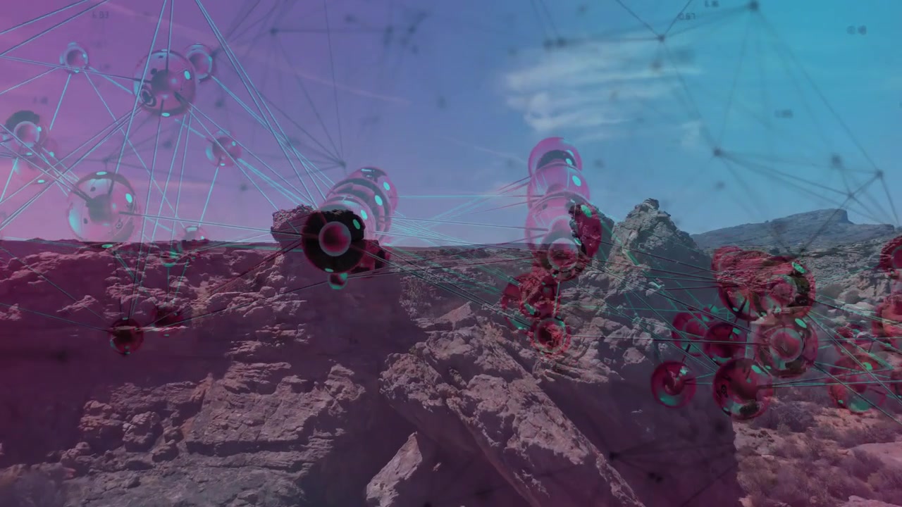 Camera panning, rock formation centering, glossy node grid drifting and reshaping to map canyon