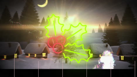 animación de navidad neon decoración de acebo en el paisaje de invierno