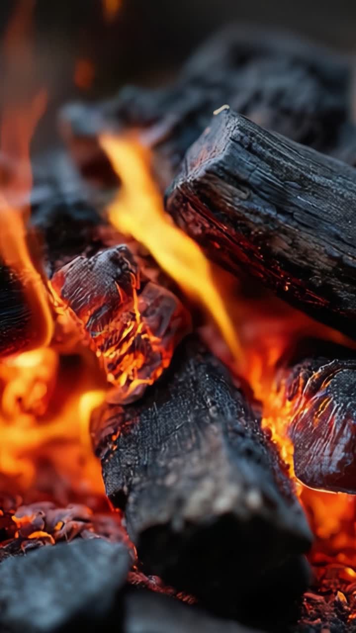 Un primo piano accattivante di carbone ardente con fiamme che danzano tra le ceneri fumanti, creando un'atmosfera calda e invitante perfetta per i falò.