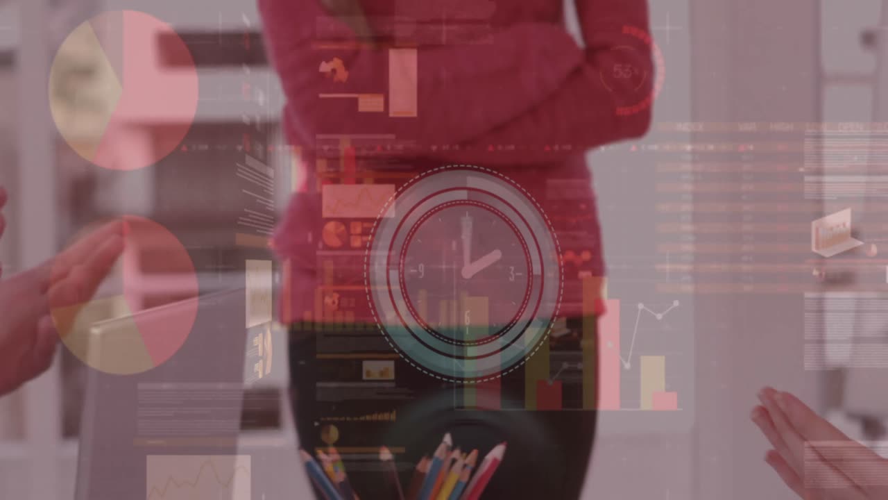 animación del reloj, estadísticas y procesamiento de datos sobre gente de negocios aplaudiendo en la reunión