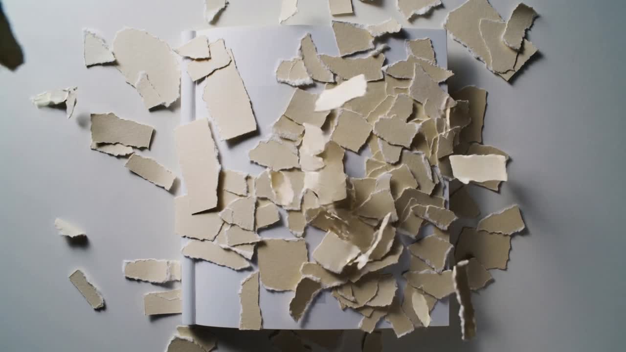 Drifting torn paper fragments slowly covering white hardcover book on tabletop, obscuring logo