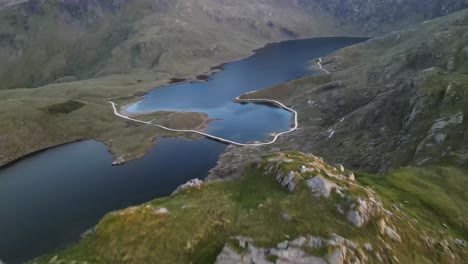 aerial of snowdonia national park wales and brittany lake llyn llydaw