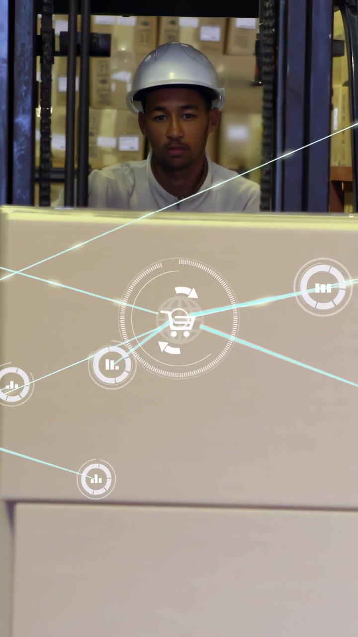 Vertical video: Forklift driver steering down aisle, HUD showing logistics data as boxes hiding him