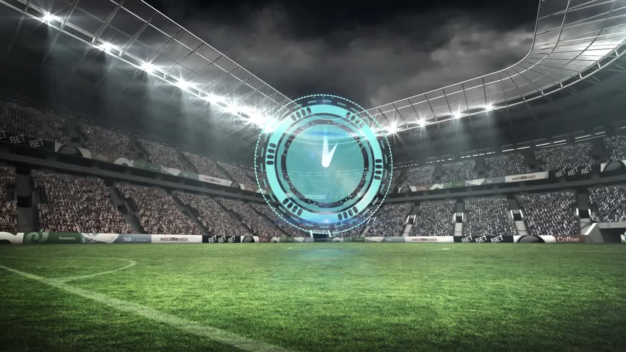 Animation of clock moving fast over sports stadium