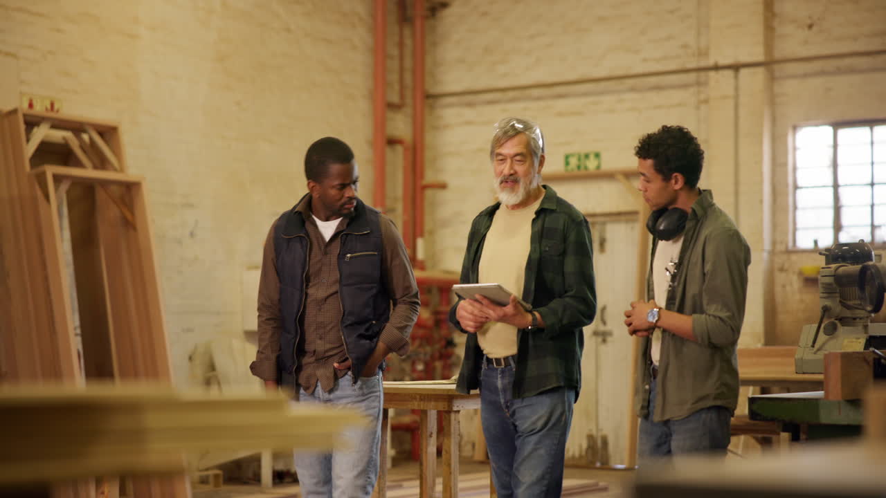Three men in a woodworking workshop