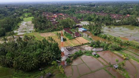 rice paddy fields near the rural town with antenna tower in indonesia