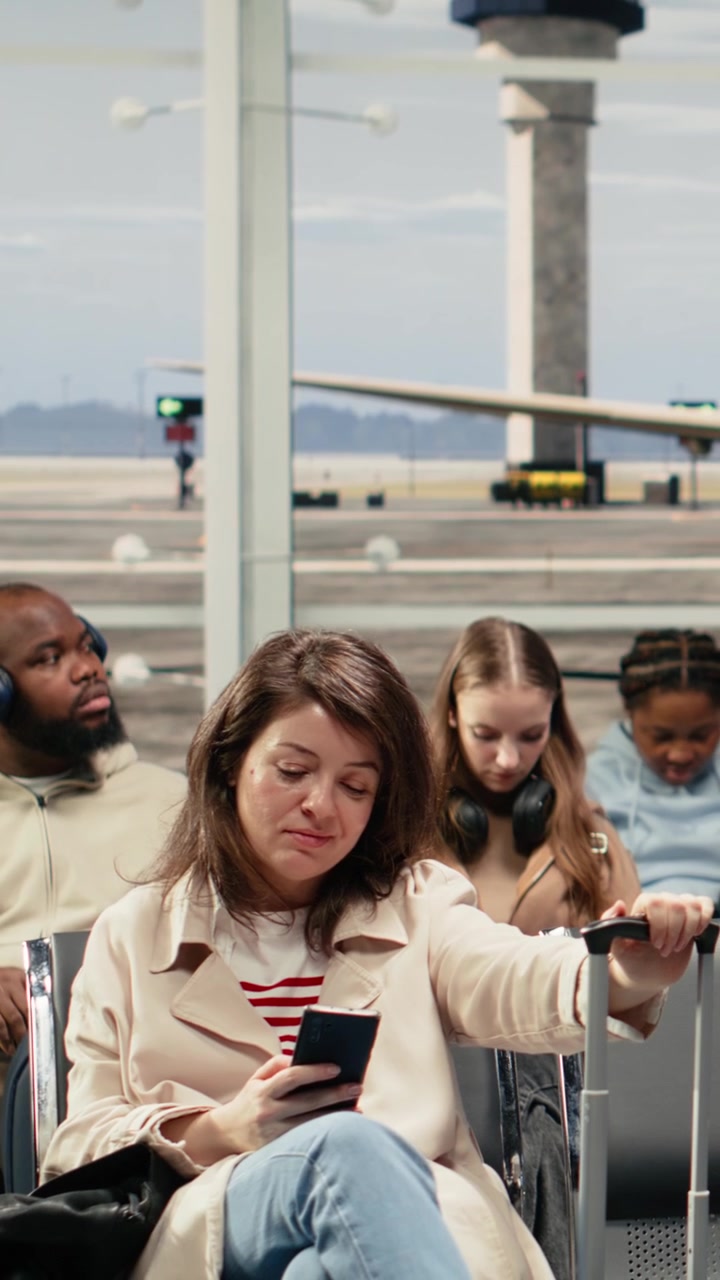 Vertical video Man bumping into woman while pushing trolley, navigating crowded airport