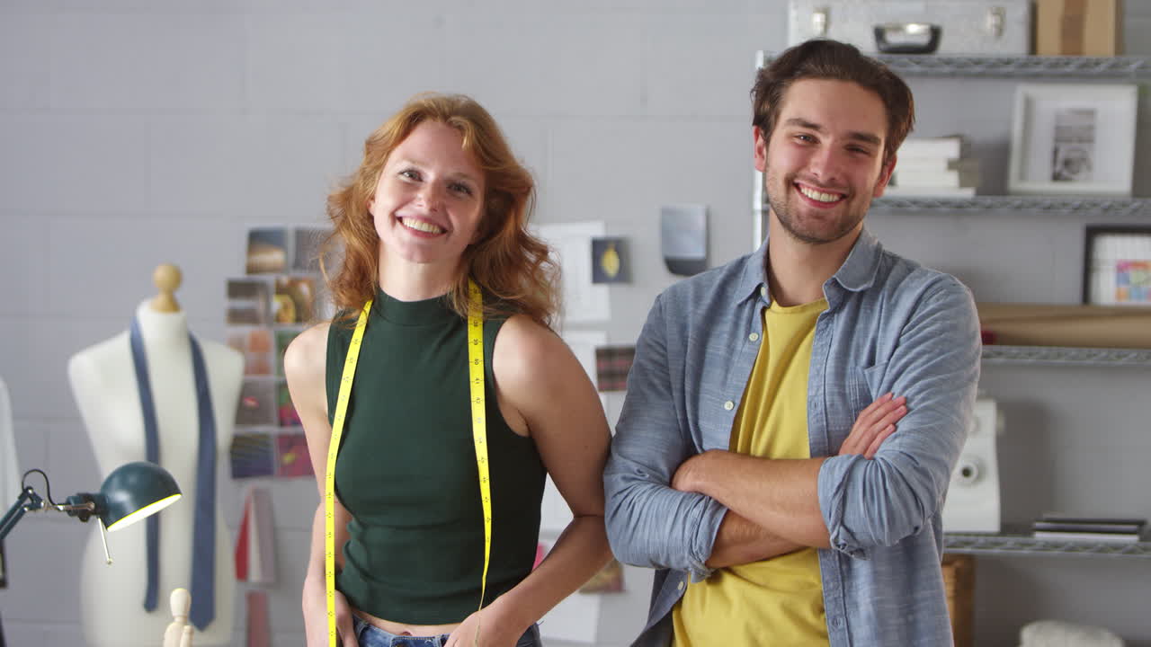 retrato de una pareja corriendo ropa diseño de negocios de pie juntos en un estudio de moda