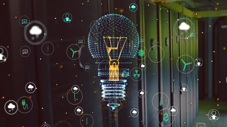 Animation of light bulb and data processing with connections over computer servers
