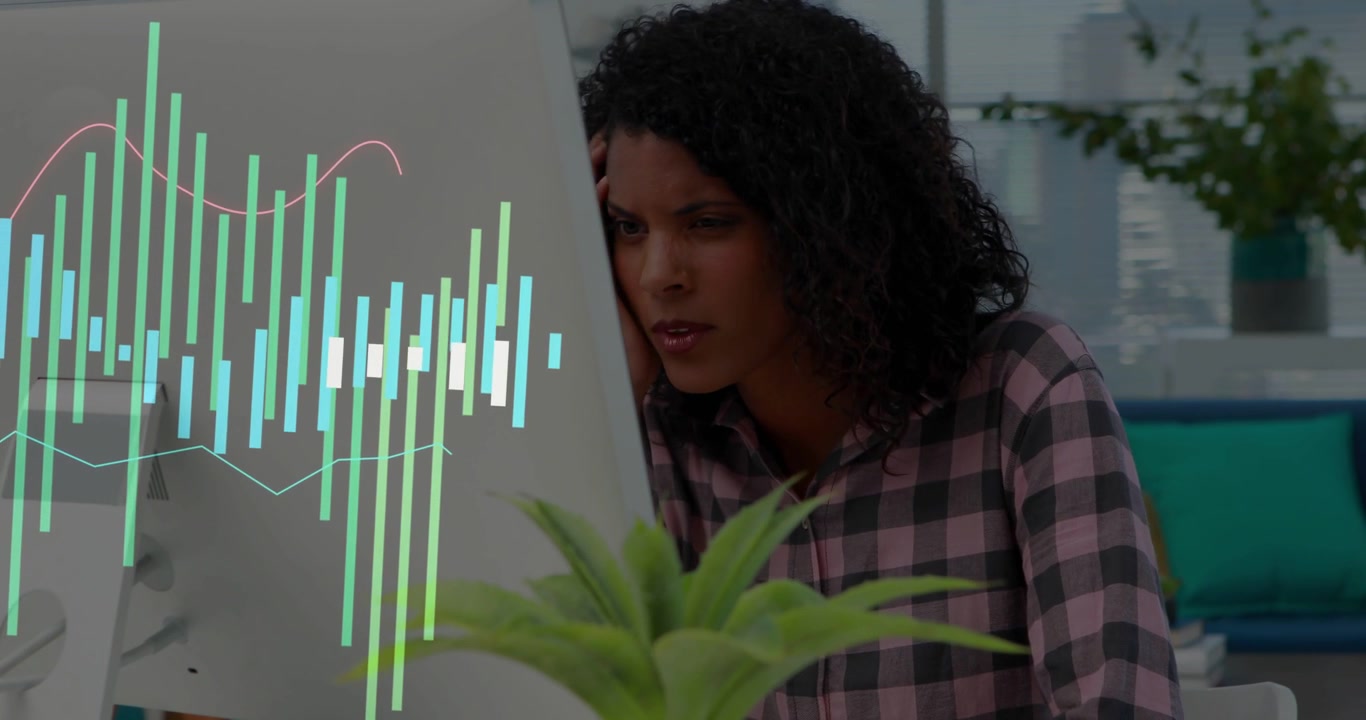 Woman leaning at desk tech overlay emerging on monitor calling phone using headset monitoring audio
