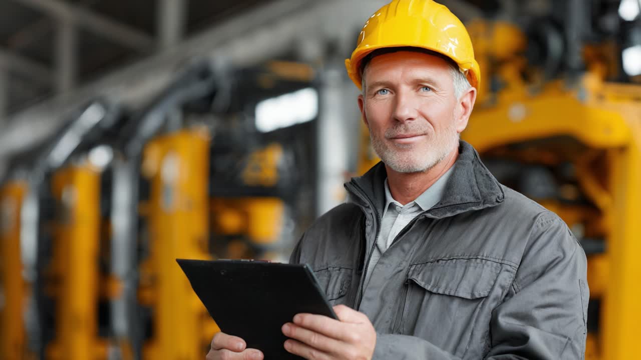 Confident Construction Worker in Safety Gear Holding a Tablet, Smiling in a Machinery Workshop Environment with Industrial Equipment in the Background