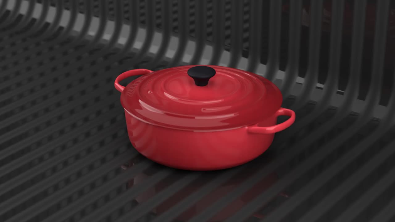representación de animación en 3d, cazuela inspirada en le crueset de hierro fundido de color rojo, girando con fondo rayado