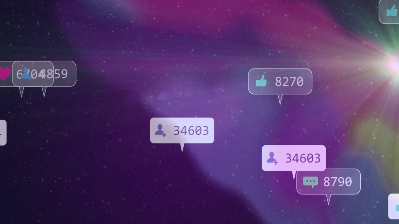 Opening on purple nebula, notification icons sliding in, counts rising, fading driving engagement