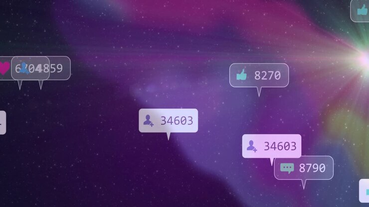 Opening on purple nebula, notification icons sliding in, counts rising, fading driving engagement