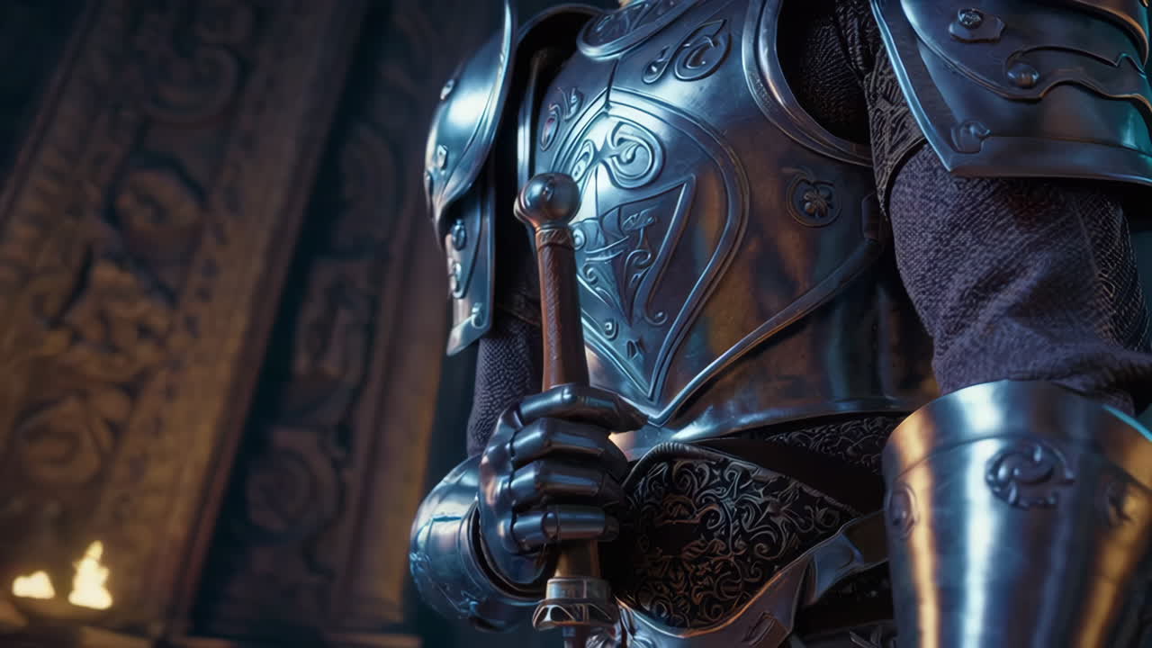 Knight with Flaming Sword in Ancient Castle