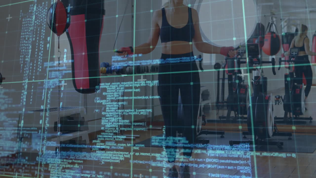 Woman skipping rope in fitness technology demo, with digital code overlay and punching bags