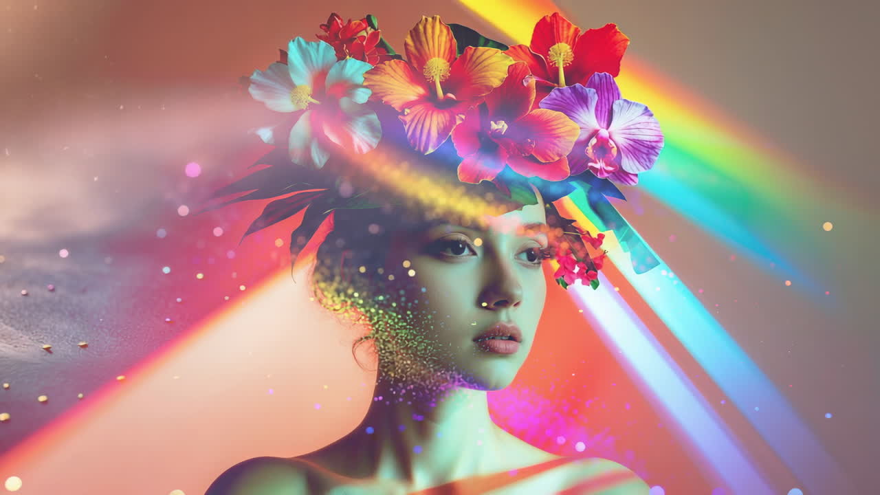 Ethereal Portrait with Floral Crown and Rainbow Light Effects