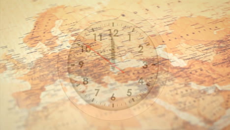 animación del reloj sobre el mapa del mundo con brújula