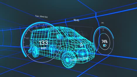 Animation-of-speedometer-with-changing-numbers-over-3d-model-of-van-against-black-background