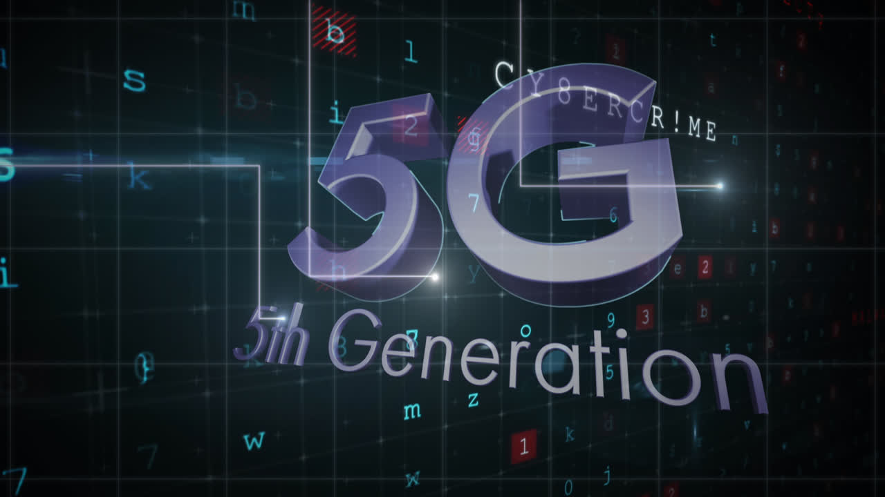 texto 5g y múltiples rastros de luz contra el procesamiento de datos de seguridad cibernética en fondo negro