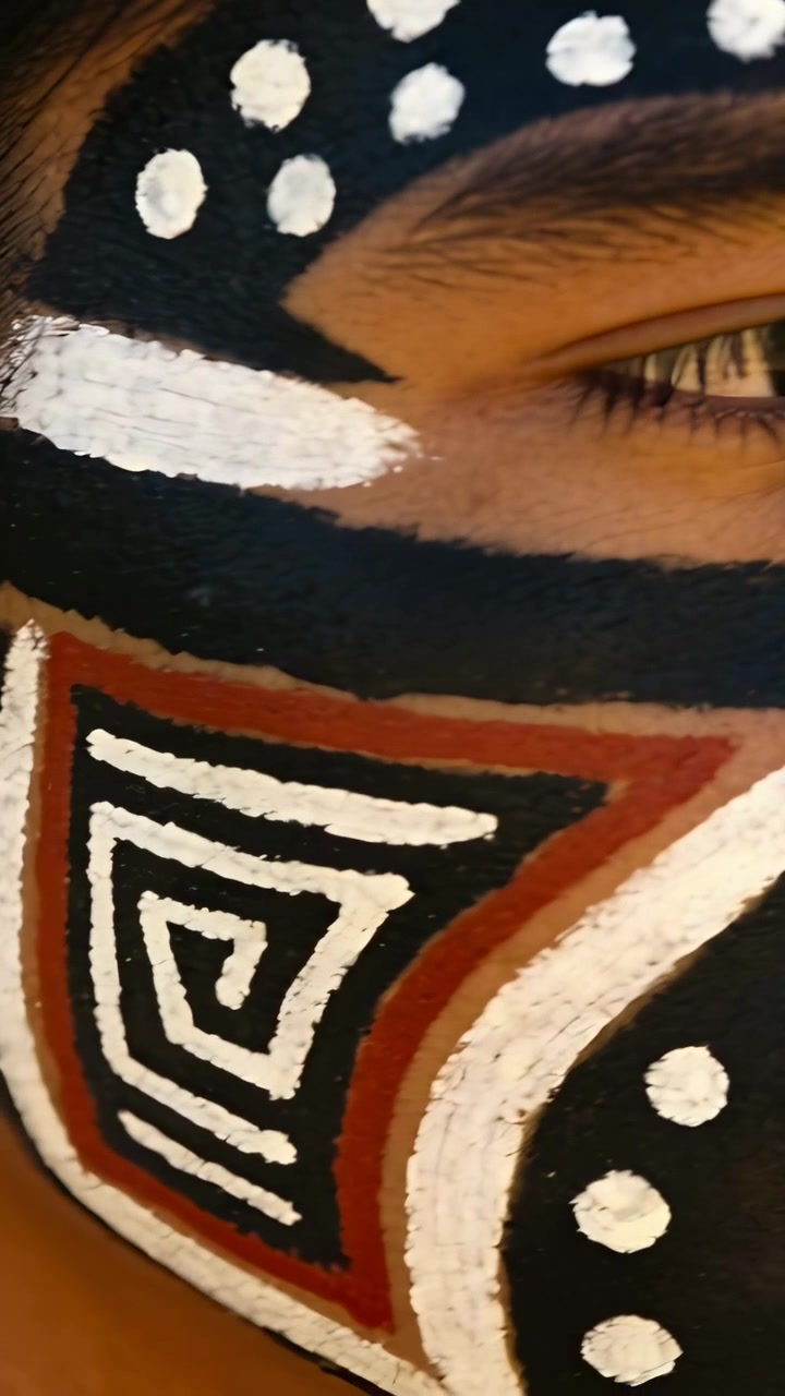 Video vertical: Hombre parpadeando y cambiando la mirada con la cámara moviéndose en el estudio, mostrando pintura en espiral y la punta.