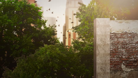 Fly-birds-and-big-buildings-in-national-park-in-summer-day