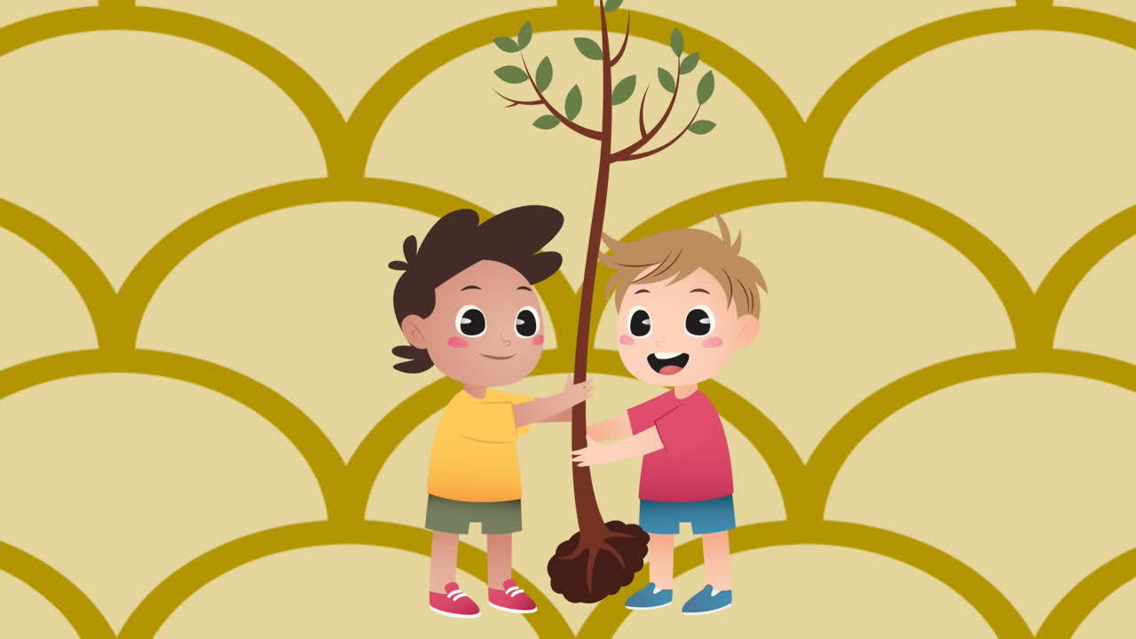 animación de la ilustración de dos niños felices plantando un árbol, sobre el patrón de curva dorada de desplazamiento