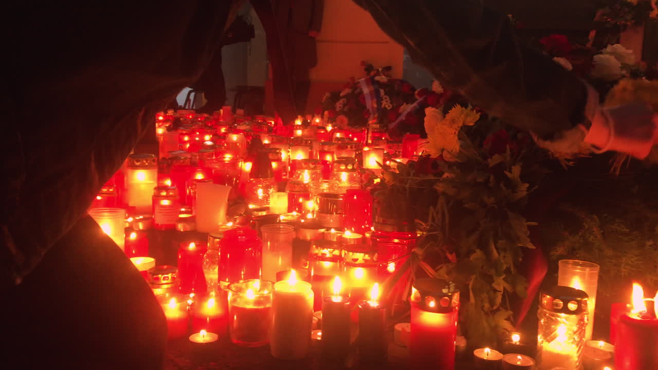 Czech people worship a 17th November of 1989, Velvet revolution holiday.Lighting candles in Prague,Narodní třída,Czechia.