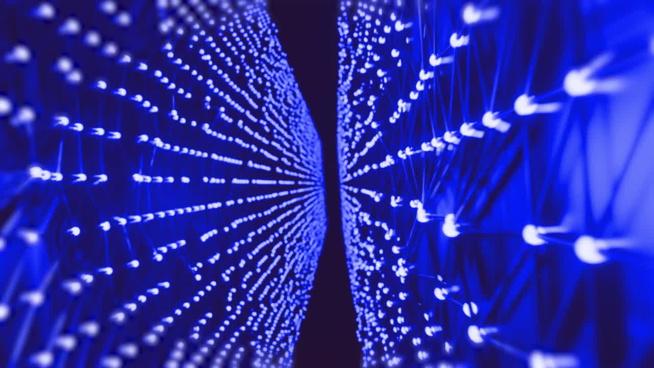 Animation of glowing blue mesh of light trails moving on black background