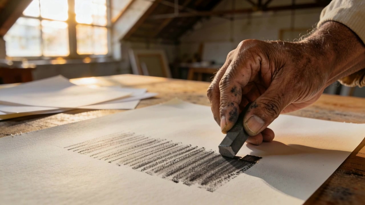 Erste Striche, Künstlerhand erstellt Tonblock auf Papier mit Zeichenkohle im Atelier, Manschette.