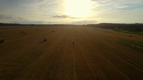 a lone man with a backpack walking across a harvested field with straw bales to a romantic sunset in the distance