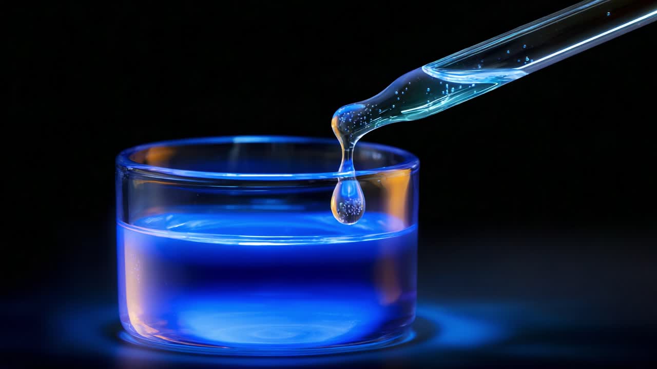 A close-up visualization of a pipette precisely dropping liquid into a luminous blue solution in a petri dish, highlighting the intricacies of liquid dynamics and chemical interactions in a dark environment