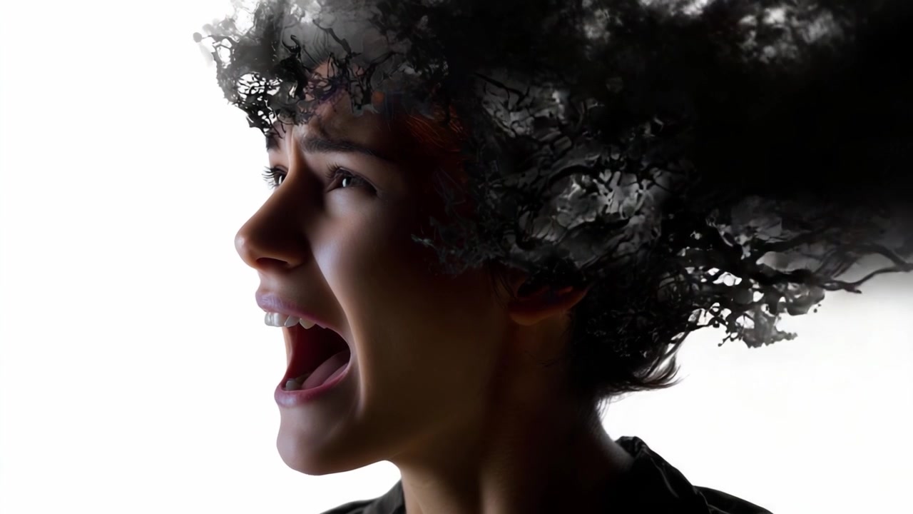 Una potente espressione di emozione: una persona giovane che urla con pensieri astratti intensamente scuri che emanano dalla testa, raffigurata in uno stile artistico surreale.