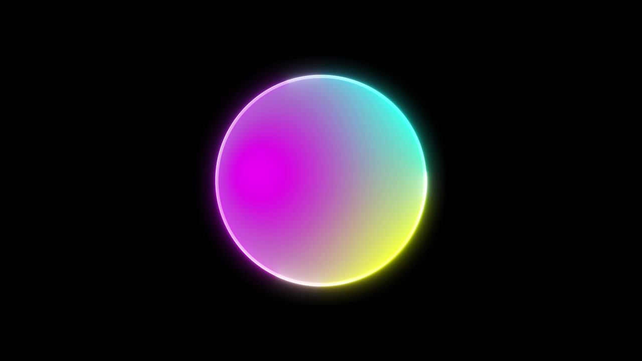 Sfera neon sfumata con bordo luminoso colorato, forma circolare morbida e sfondo nero pulito.