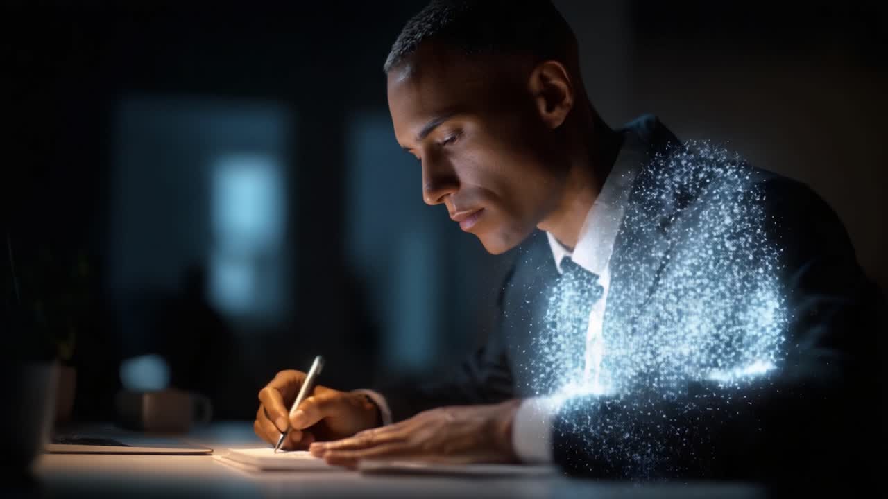 A focused individual in a suit creatively writing under a dim light, with magical sparkles illuminating their arm, blending the realms of imagination and reality