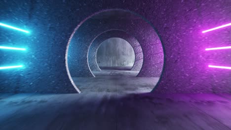 endless flight in a gray concrete tunnel with bright luminous neon stripes. modern ultraviolet light spectrum. the movement of the camera in a circle. seamless loop of abstract animation