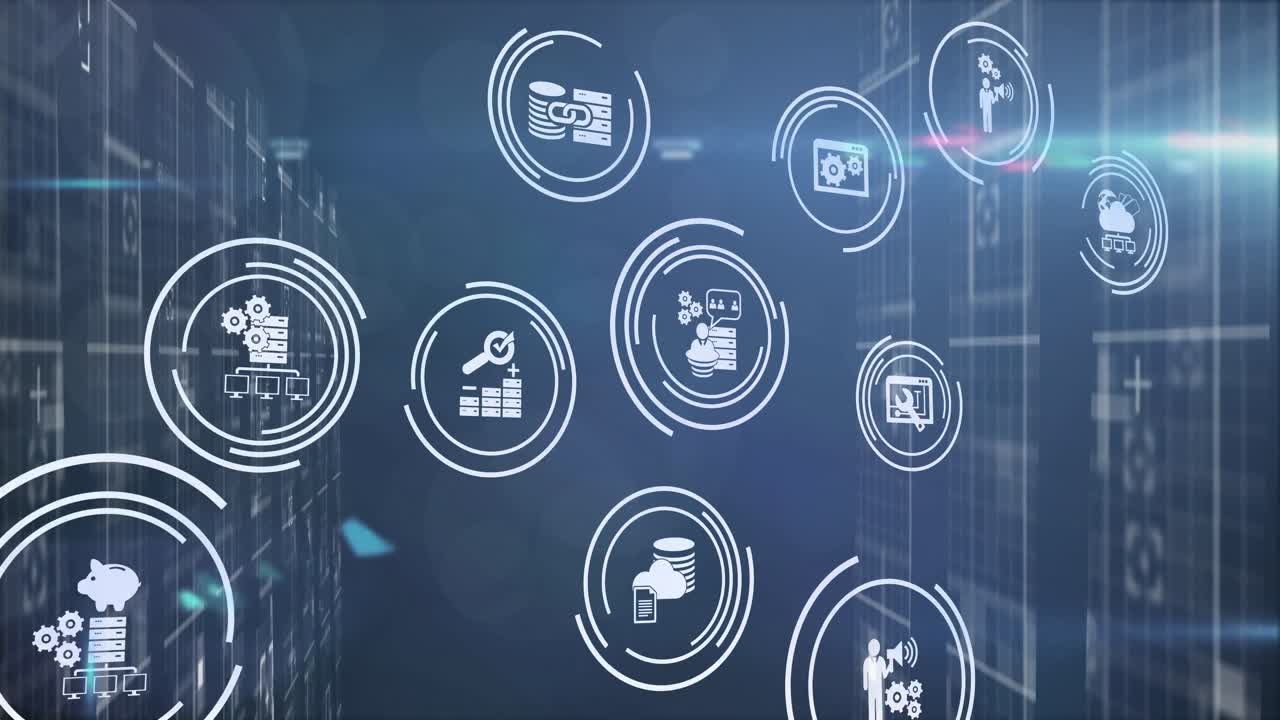 Multiple digital icons over light trails and light spots against blue background