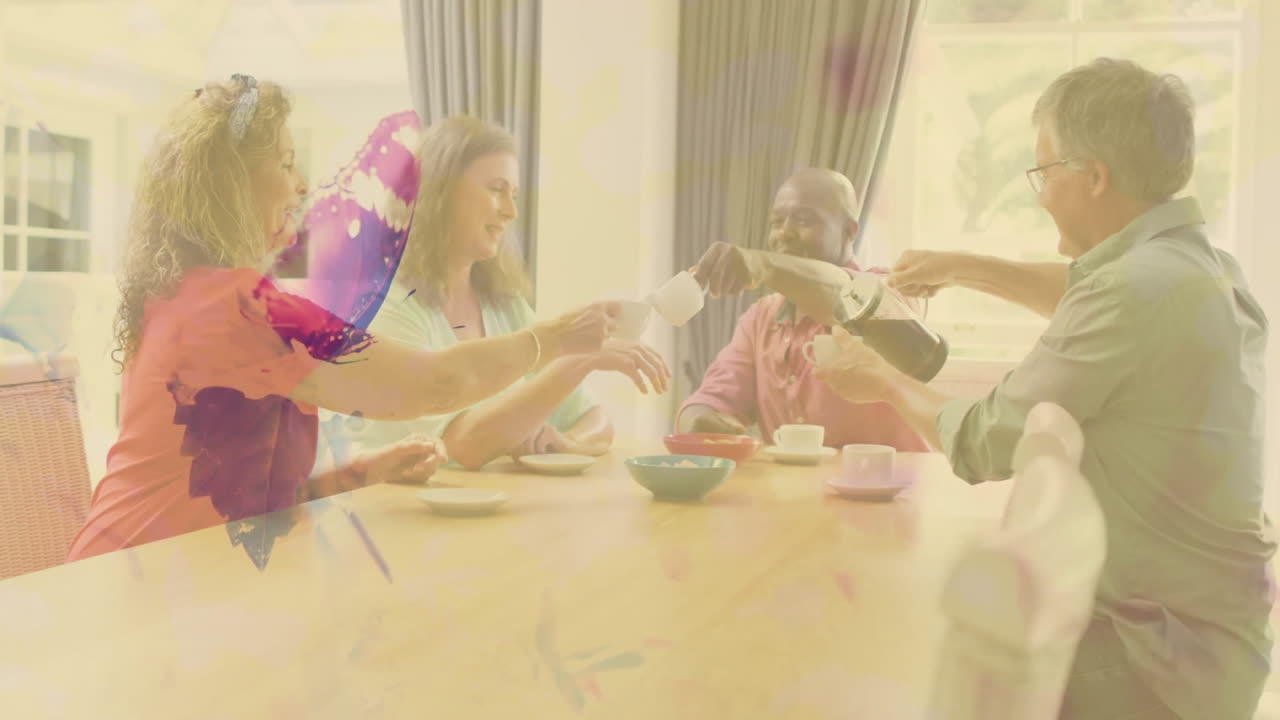 Drinking tea together, four people sitting at table with colorful animation