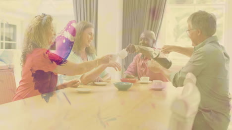 drinking tea together, four people sitting at table with colorful animation