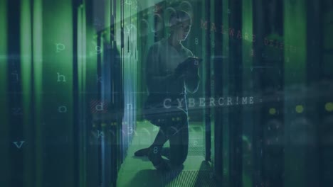 Animation-of-cyber-attack-warning-over-caucasian-businesswoman-in-server-room