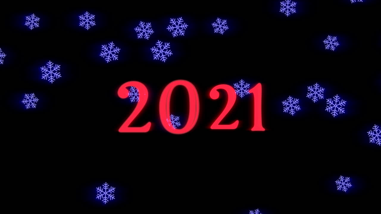 Animierte Nahaufnahme: Text '2021' und fliegende blaue Schneeflocken auf festlichem Hintergrund.