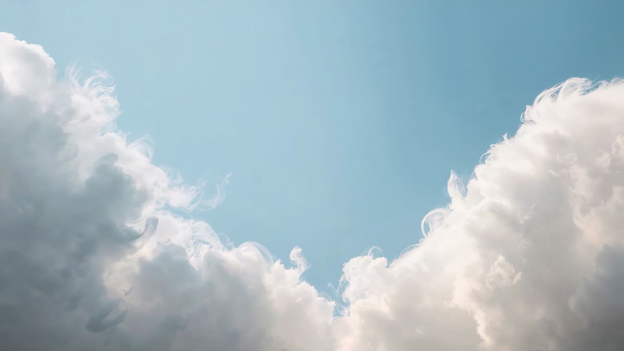 Nudging large cumulus clouds from ground, wind widening central blue sky, forming sunlit wisps