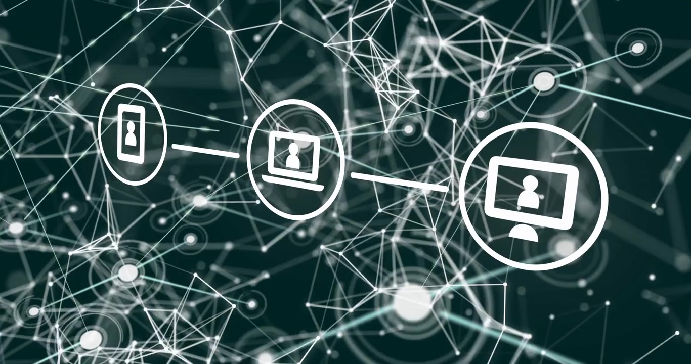 Vertikal video: Telefon, bærbar computer, skærm forbinder sig i en kæde, efter en node vises, og viser pulserende teknologiske forbindelser