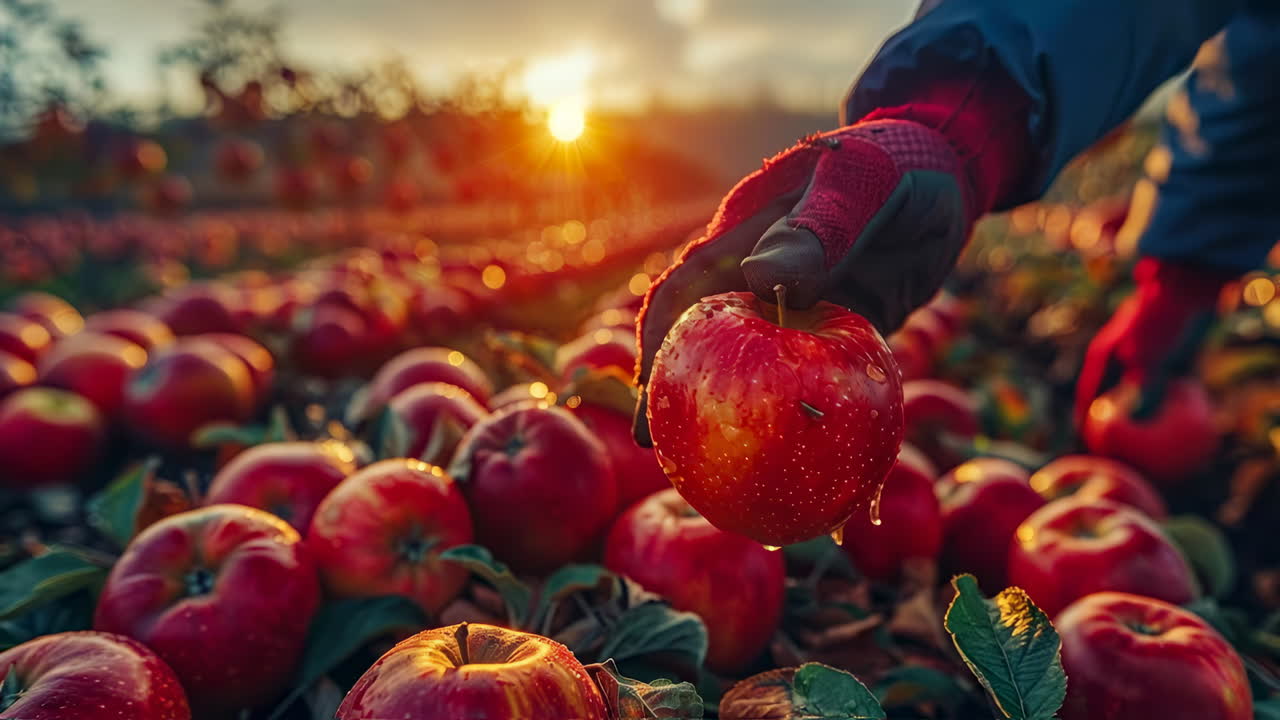 Hand picking apple from orchard. A gloved hand carefully picks a fresh red apple in the sunlight