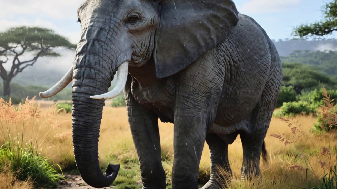 Krøller snabel til munden, voksen elefant går langs savannesti for at spise, akacie til venstre.