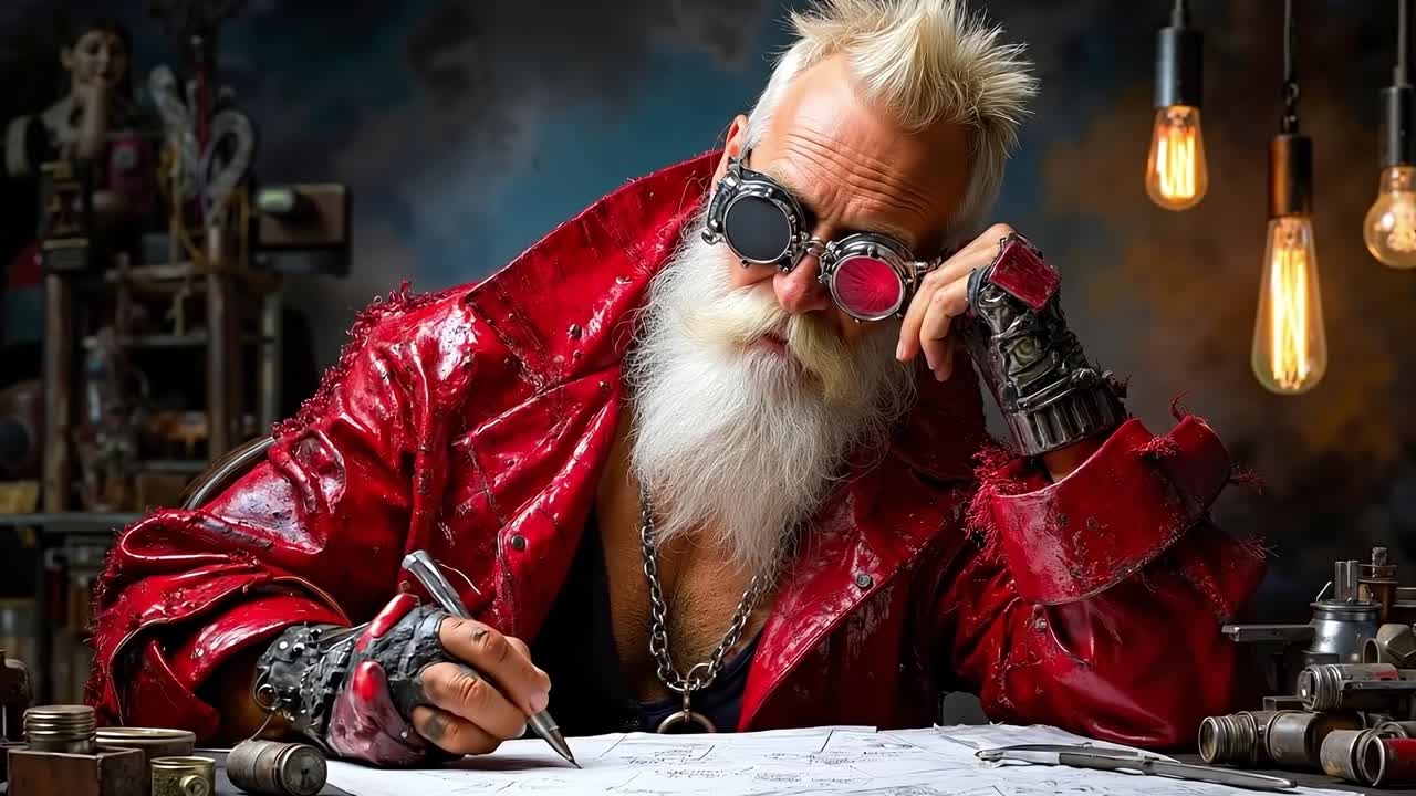 A man in a red jacket and goggles sitting at a table writing on a piece of paper