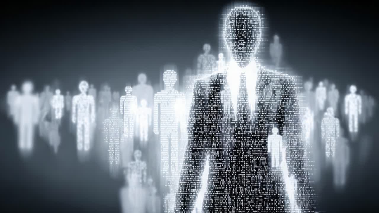 A Captivating Visualization of a Data-Driven Figure Emerging Amongst a Crowd of Digital Silhouettes in an Abstract Representation of Modern Connectivity