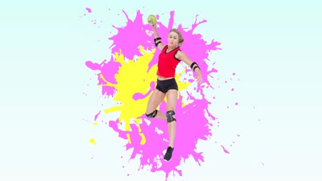 animation of caucasian female handball player throwing ball over colourful stains