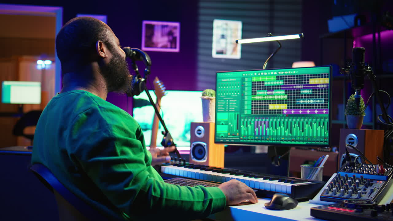 artista afroamericano componiendo una nueva banda sonora para un proyecto