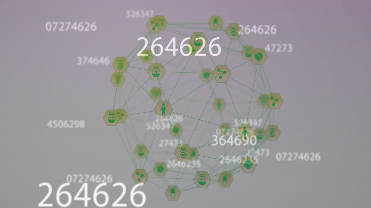 animación de la red de conexiones con iconos y procesamiento de datos sobre fondo blanco
